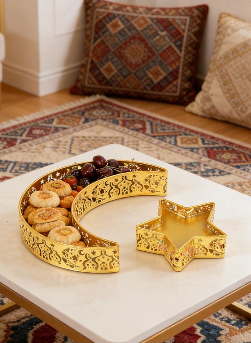 يواوليتي صينية رمضان - صينية رمضان من الحديد على شكل قمر ونجمة ذهبية، صينية تقديم معدنية للمائدة، زينة رمضان لمهرجان عيد الفطر الإسلامي - Image 1